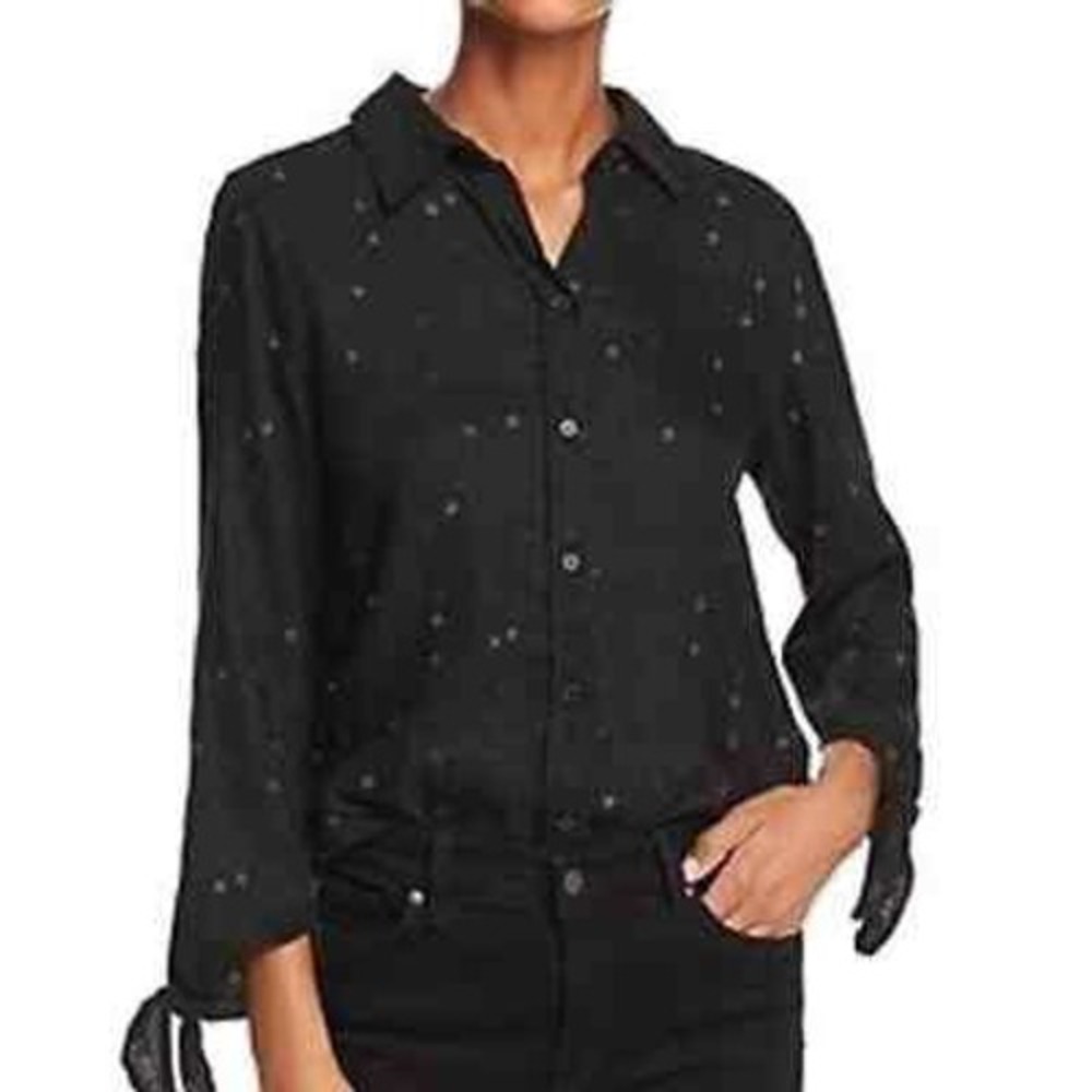 Rails Robyn Shirt Black Star Embroidered Linen Blend Button Down Top Tie Sleeve